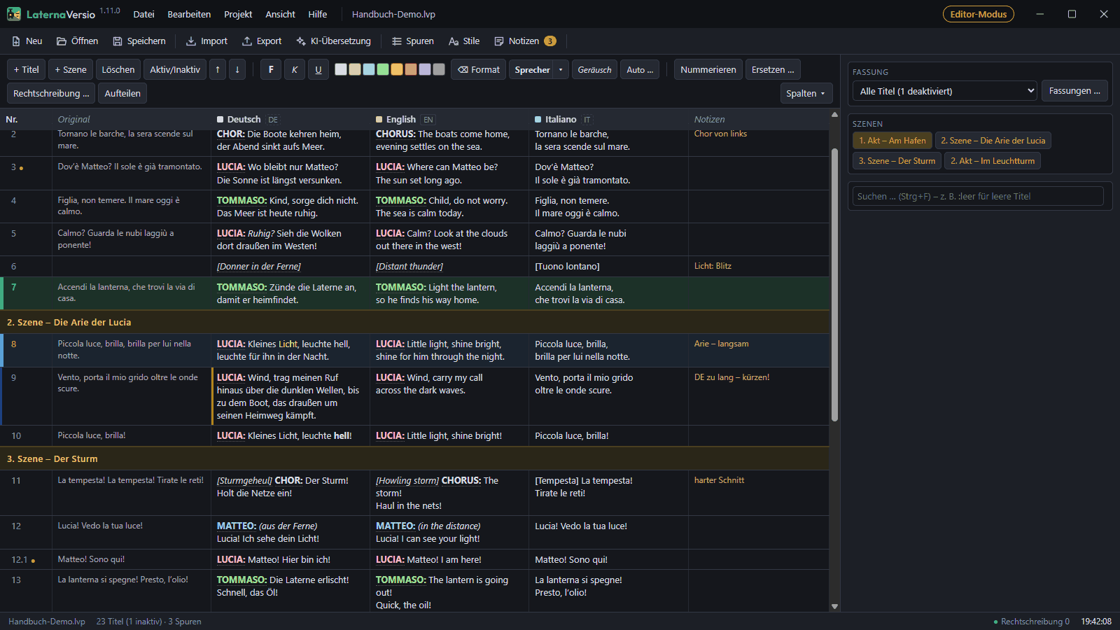 Operator window in editor mode: title table with version and scenes, without live controls