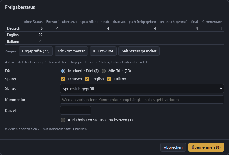 Dialog Freigabestatus: Übersicht je Sprache und Status, Filter, Auswahl von Status, Kommentar und Kürzel