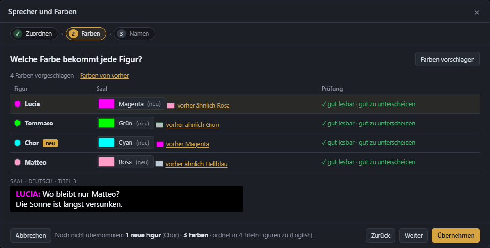 Speakers and colours dialogue: one colour per character with a readability check
